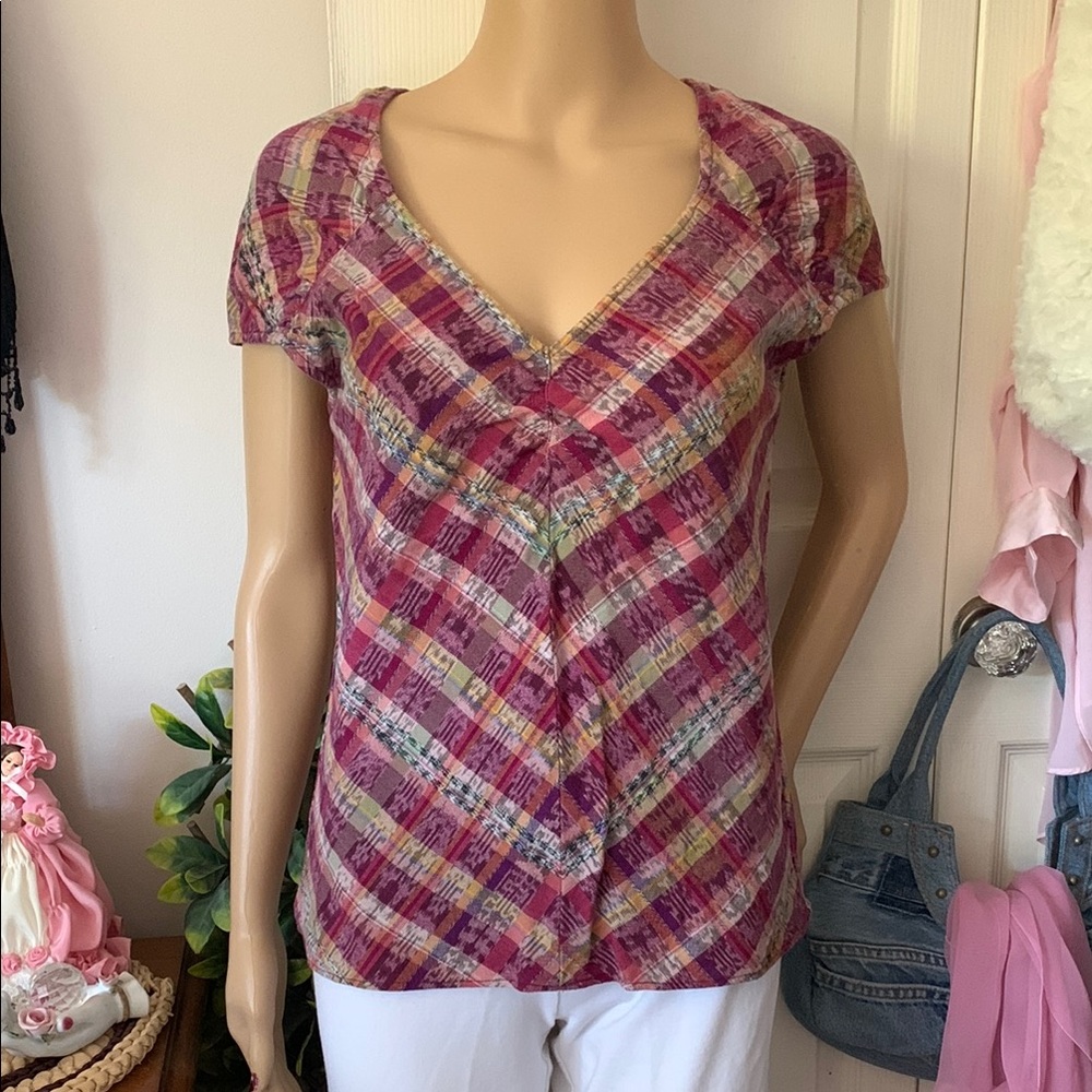Plaid ikat vintage cotton V-Neck Women cap sleeve Top - Multicolor S M